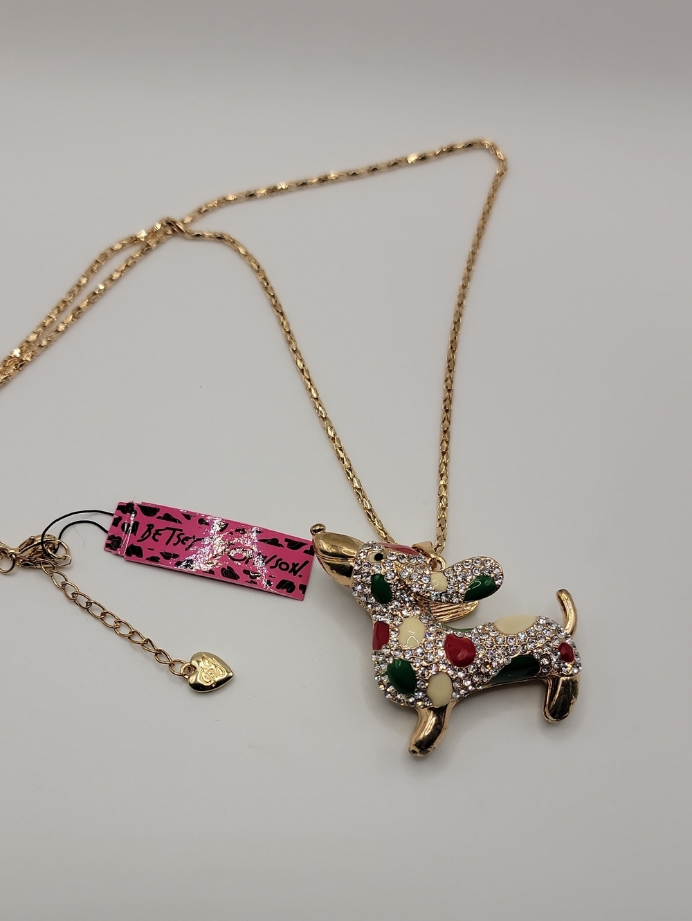 Betsey Johnson Gold-Tone Jeweled Dog Pendant Necklace - Red, Green, Cream
